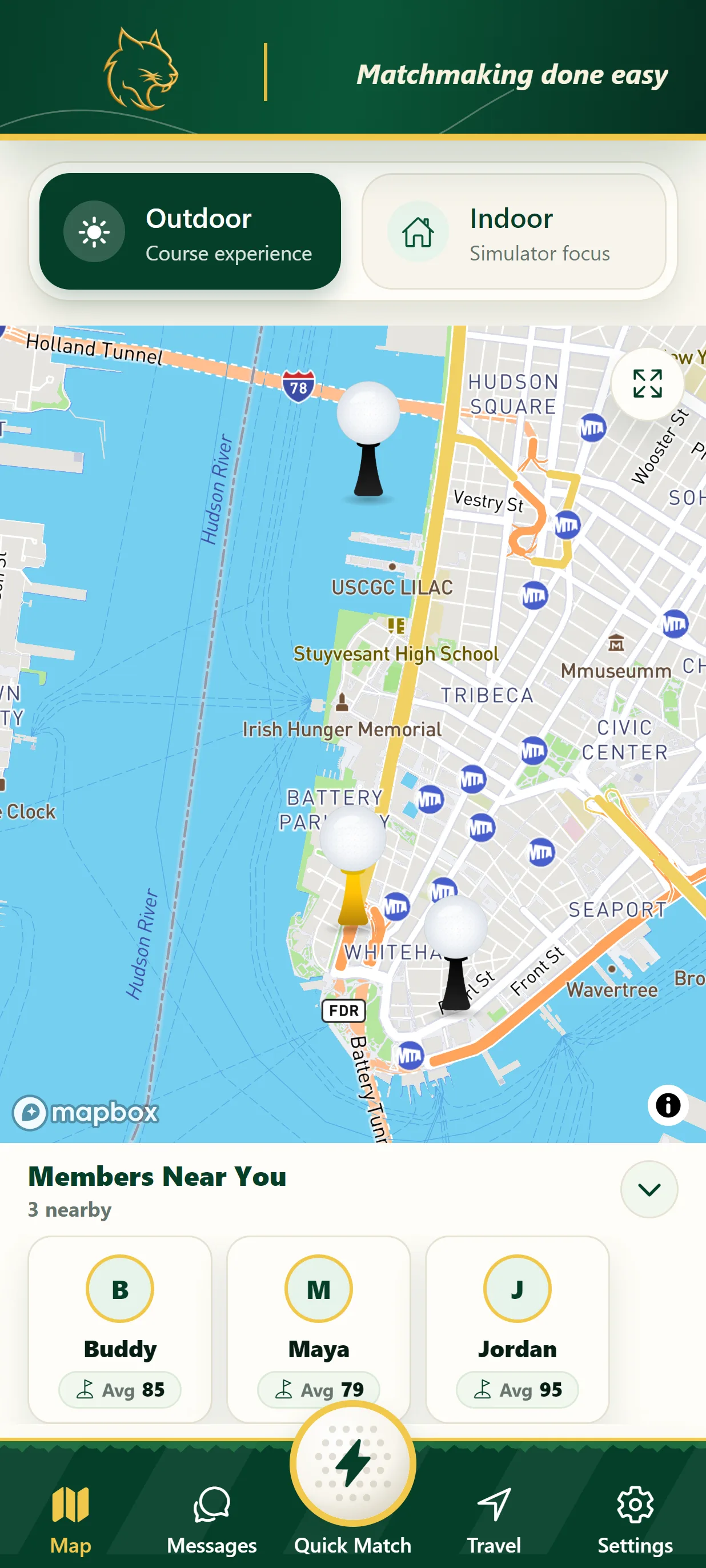 GameLynx map screen showing nearby golfers in lower Manhattan with a Members Near You list