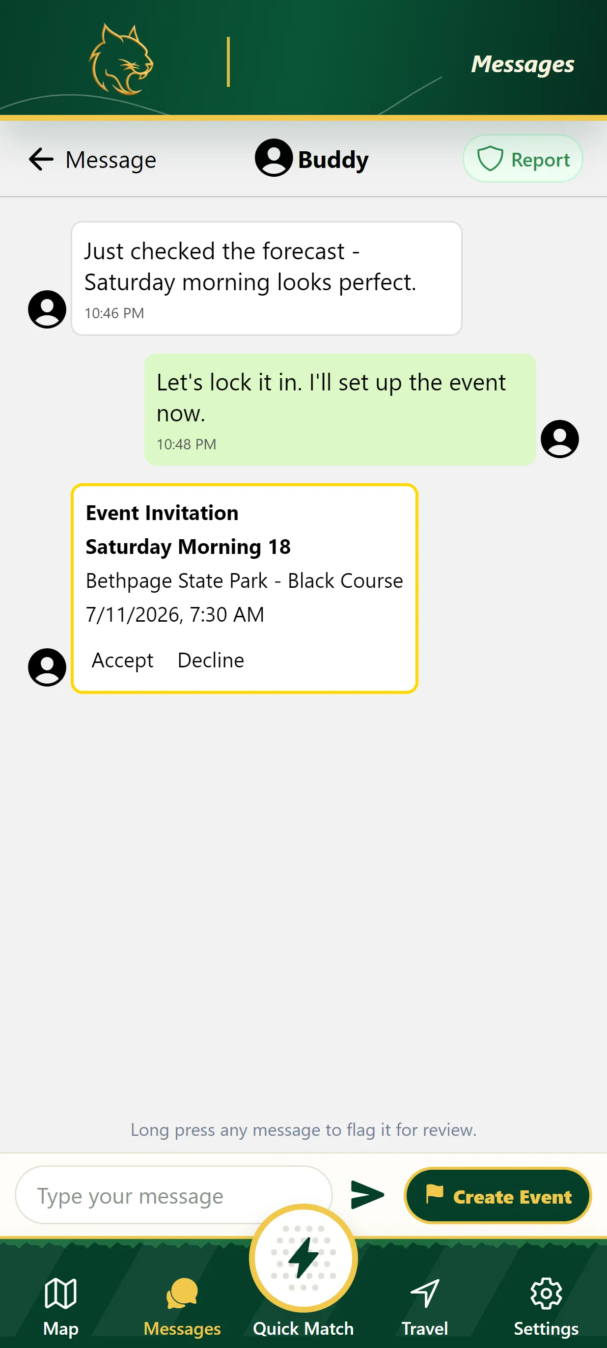 Chat conversation with a tee-time event invitation showing course, date and Accept or Decline