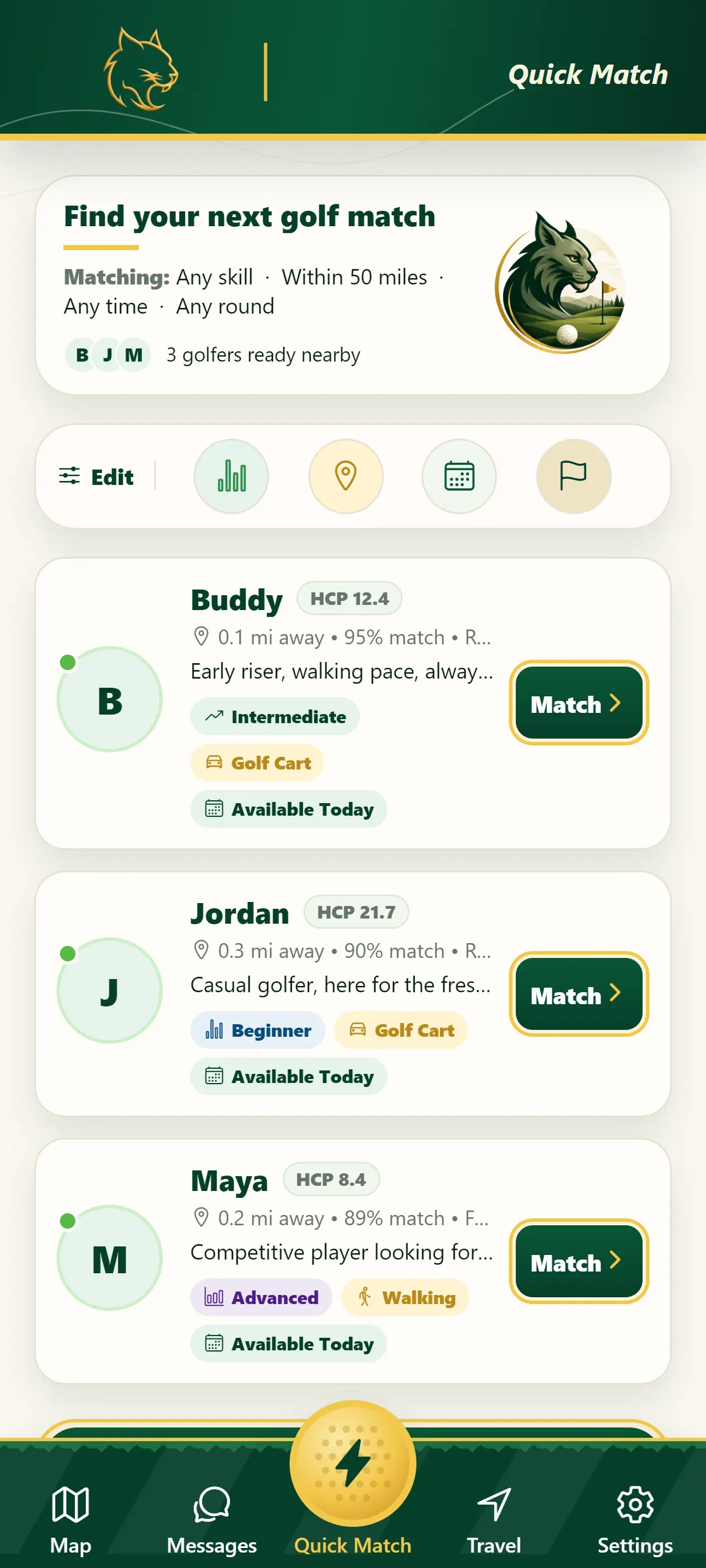 Quick Match screen listing nearby golfers with handicap, distance and match percentage