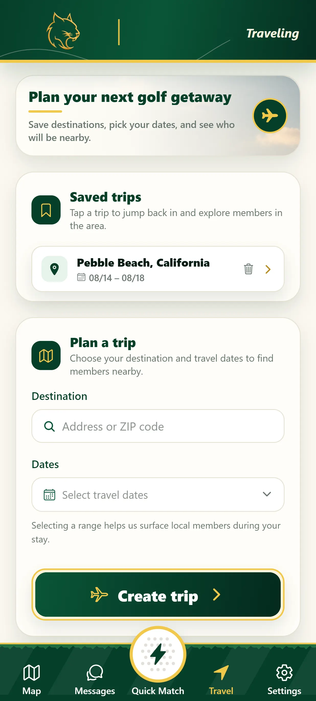 Travel screen showing a saved trip to Pebble Beach, California with dates and a plan-a-trip form