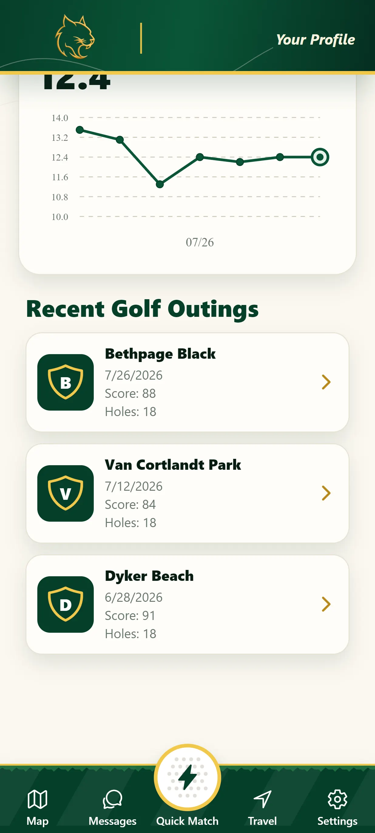 Profile screen showing a handicap index trend chart and a list of recent golf outings with scores